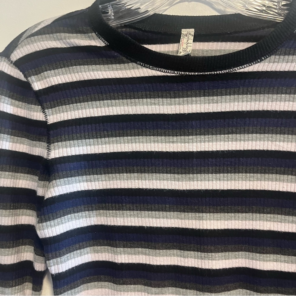FREE PEOPLE Good on You Grey Multi Striped Three Quarter Sleeve Tee - Picture 4 of 14